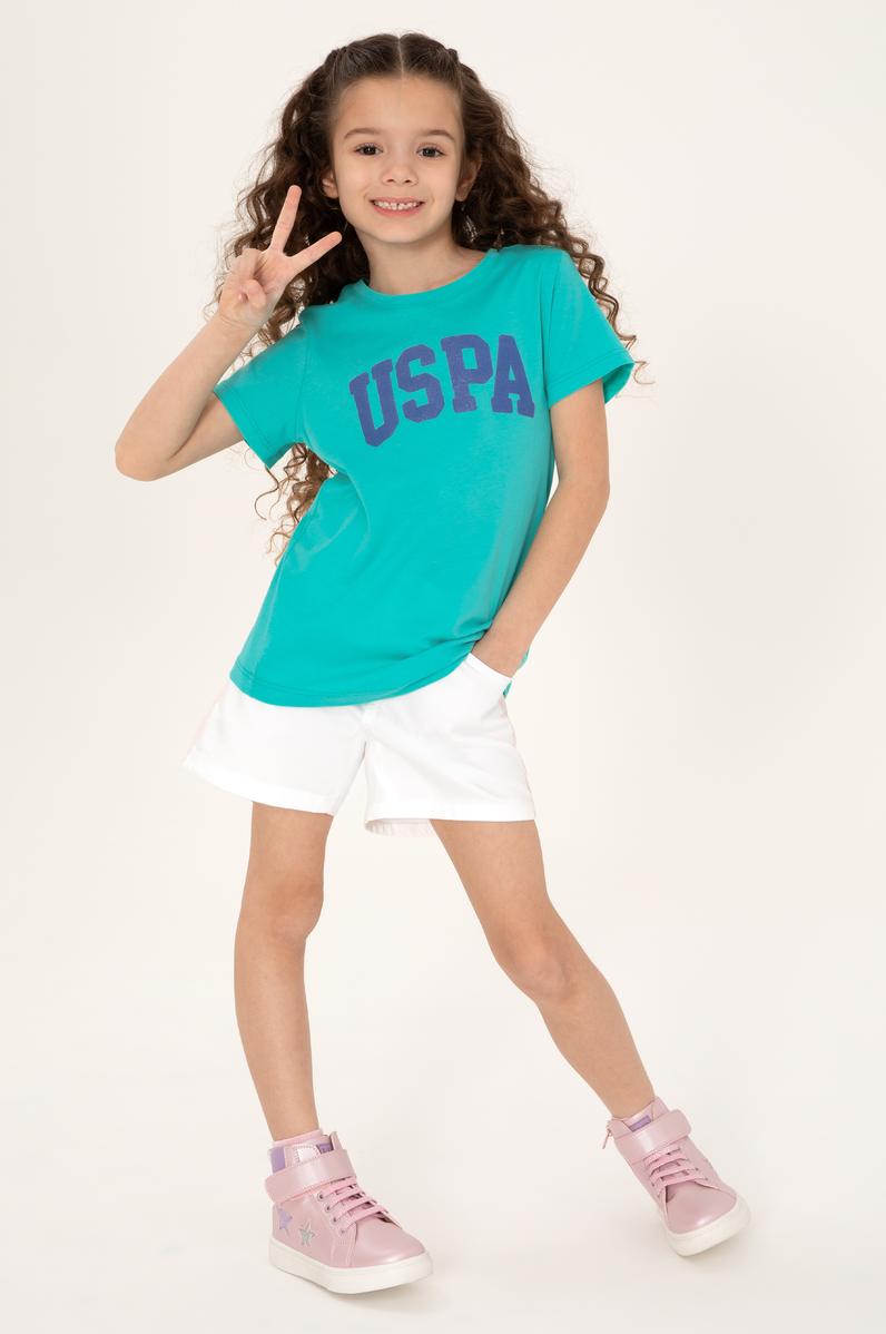 Kız Çocuk Mint Bisiklet Yaka Pamuk Simli Uspa Baskılı Basic Tişört