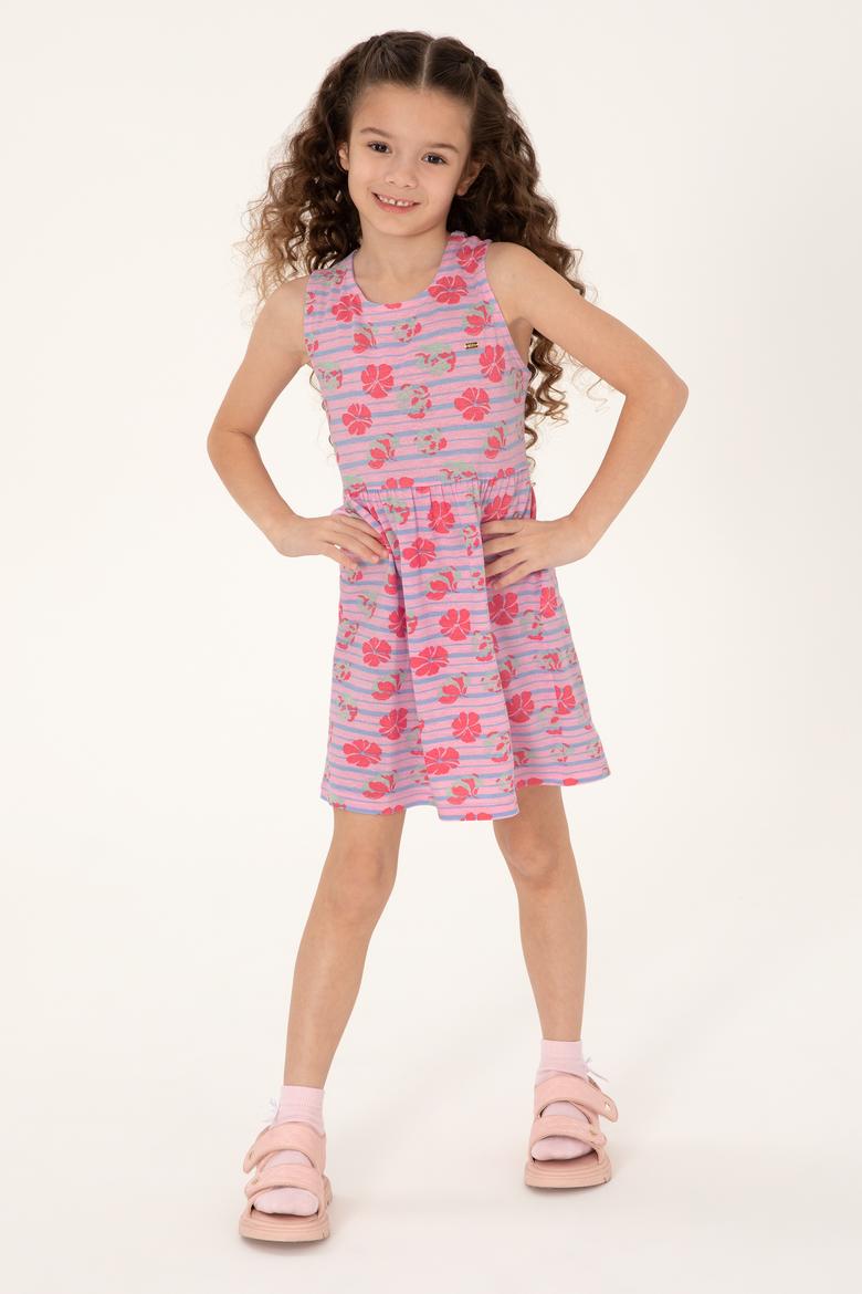 Kız Çocuk Açık Pembe Bisiklet Yaka A-Form Desenli Örme Elbise - 50306245001