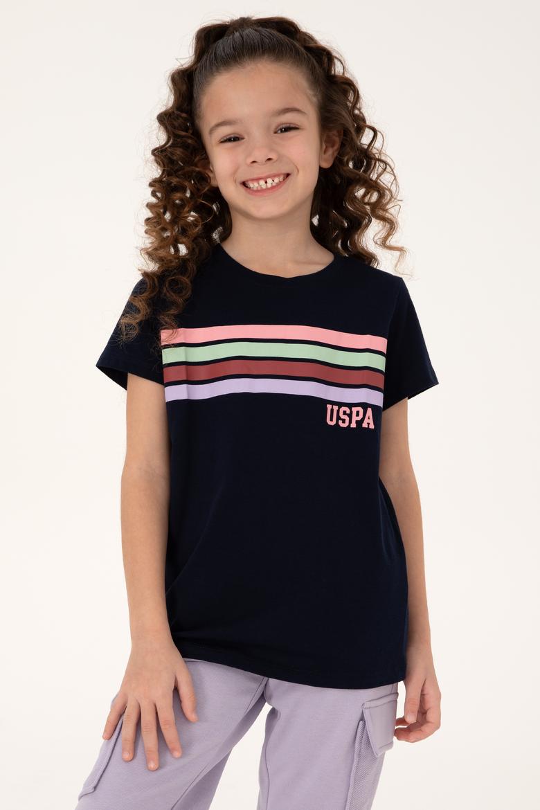 Kız Çocuk Siyah Bisiklet Yaka Renkli Çizgi Baskılı Pamuk Tişört