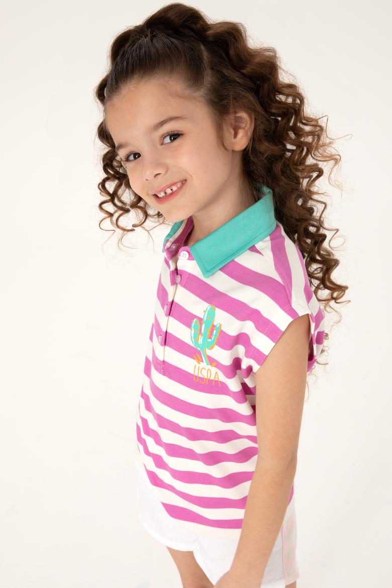 Kız Çocuk Fuşya Polo Yaka Çizgili Kolsuz Tişört