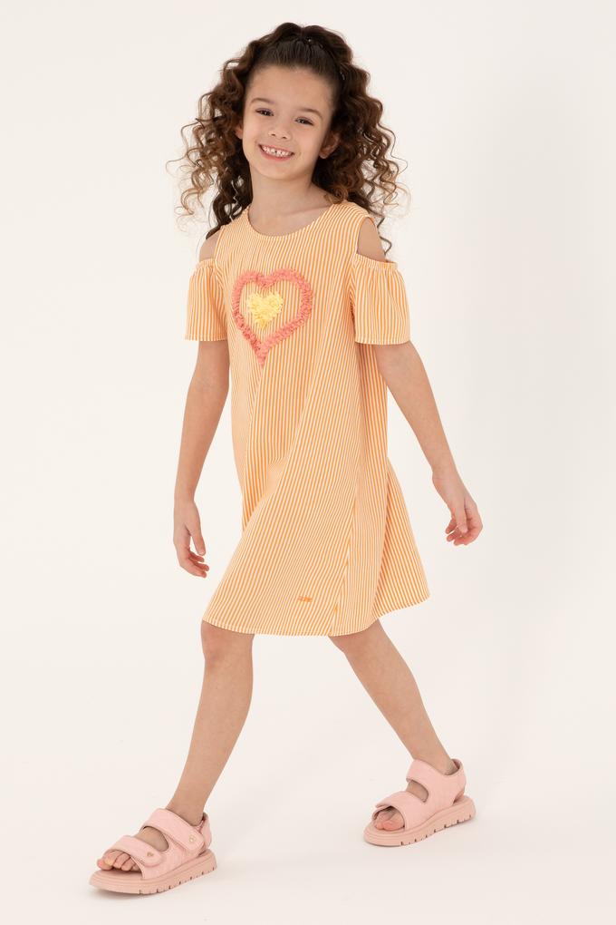 Kız Çocuk Turuncu Kalp İşlemeli Çizgili Omuz Detaylı Dokuma Elbise