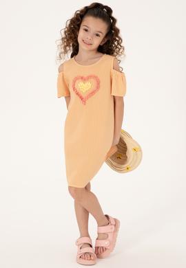 Kız Çocuk Turuncu Kalp İşlemeli Çizgili Omuz Detaylı Dokuma Elbise - 50319553003