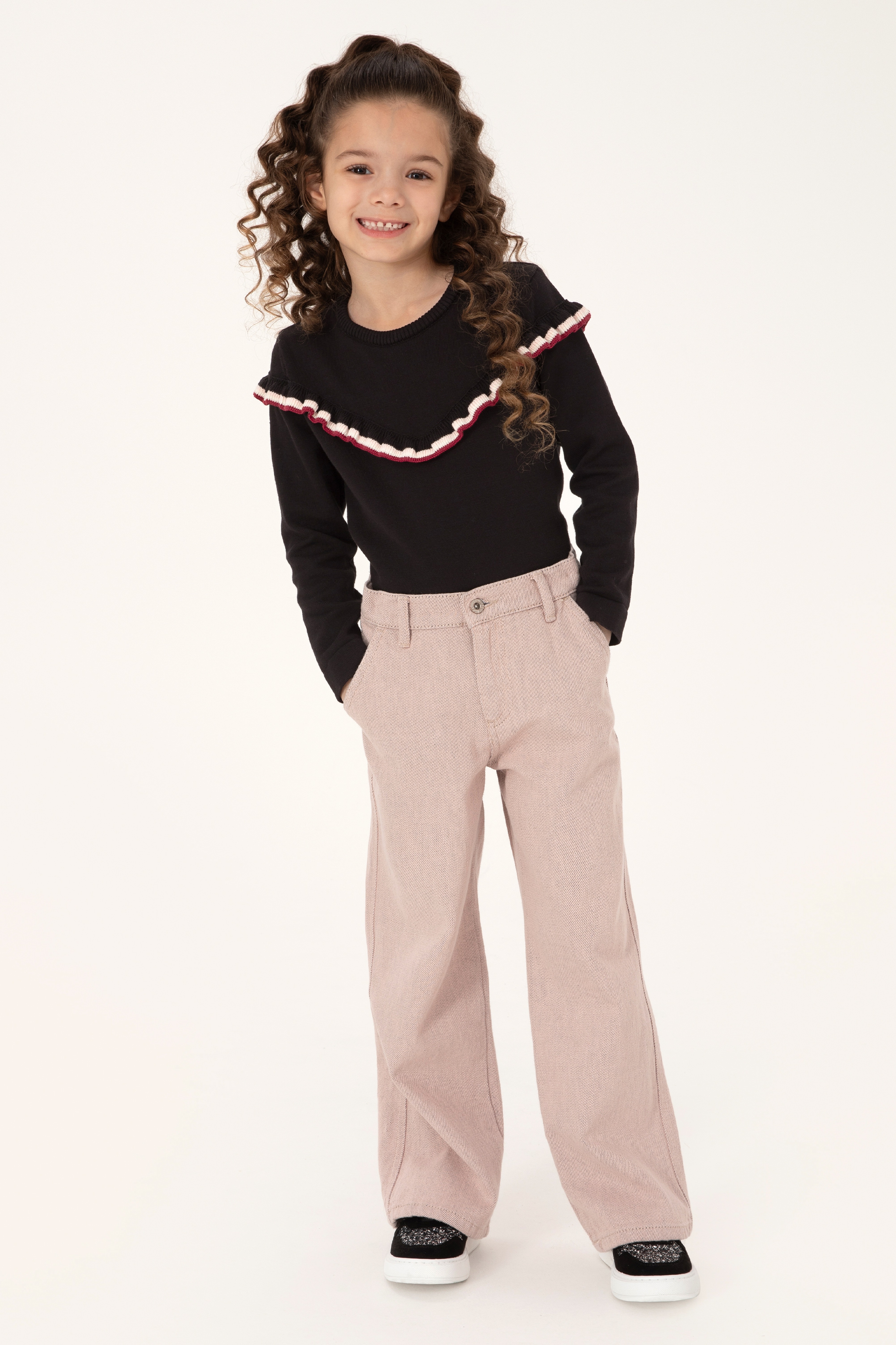 Kız Çocuk Pudra Loose Fit Jean Pantolon - Image 1