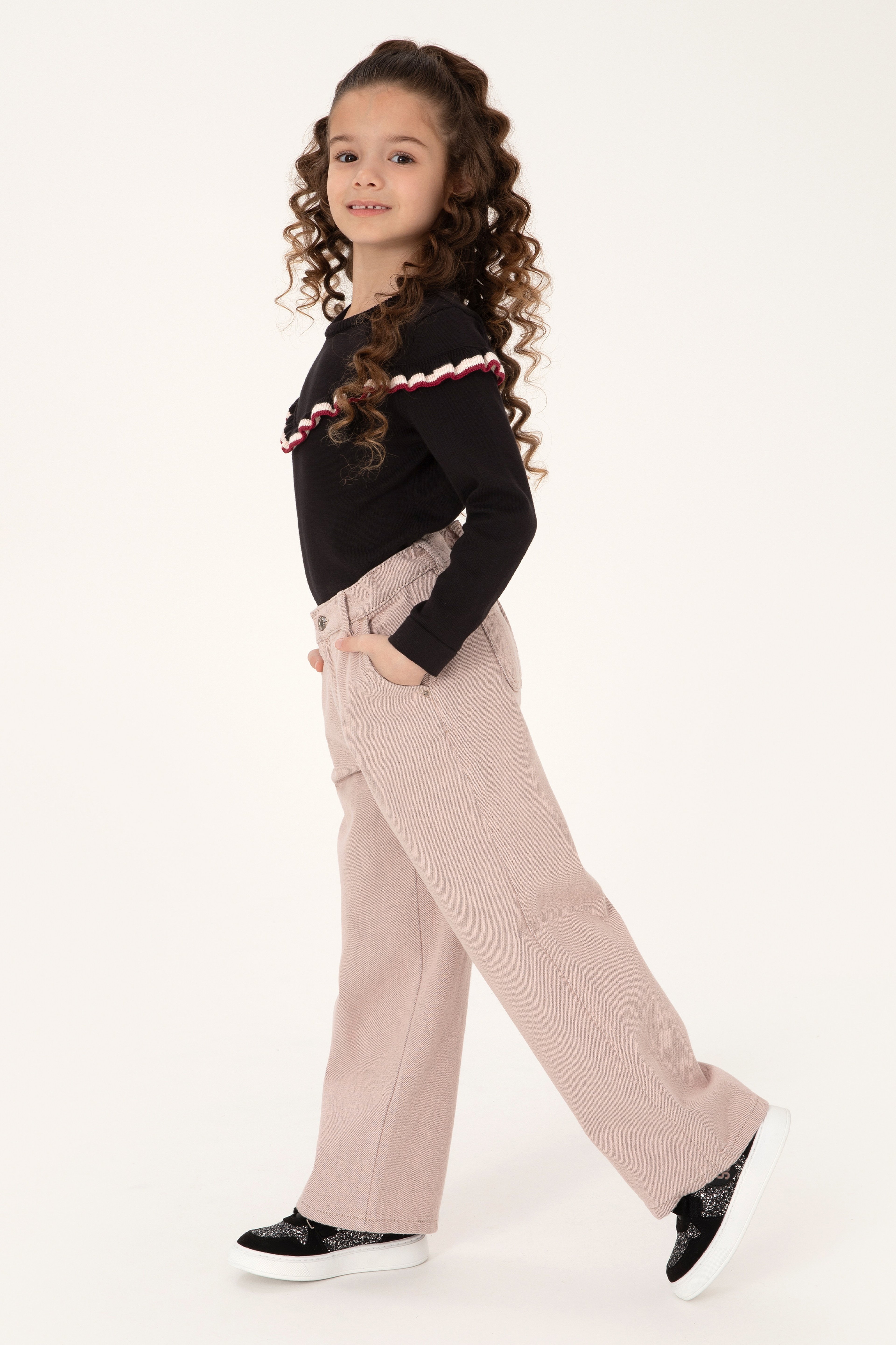 Kız Çocuk Pudra Loose Fit Jean Pantolon
