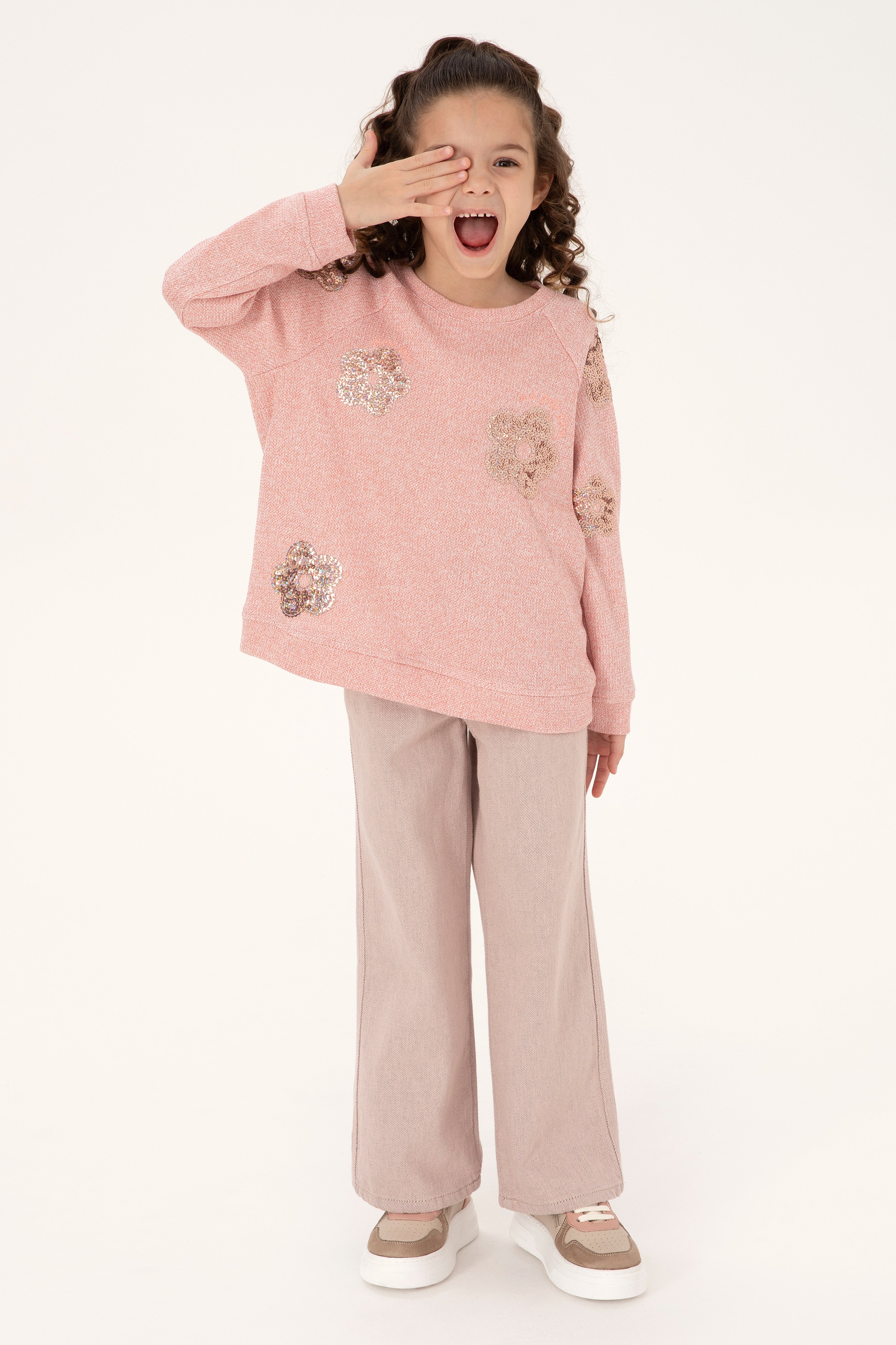 Kız Çocuk Açık Pembe Bisiklet Yaka Sweatshirt - Image 1