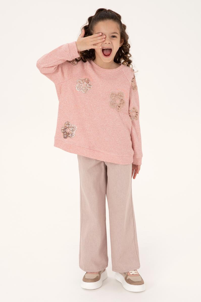 Kız Çocuk Açık Pembe Bisiklet Yaka Sweatshirt