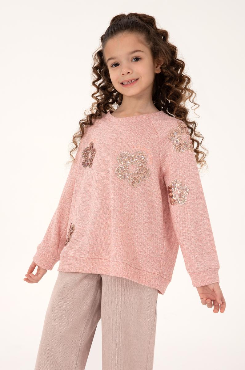 Kız Çocuk Açık Pembe Bisiklet Yaka Sweatshirt