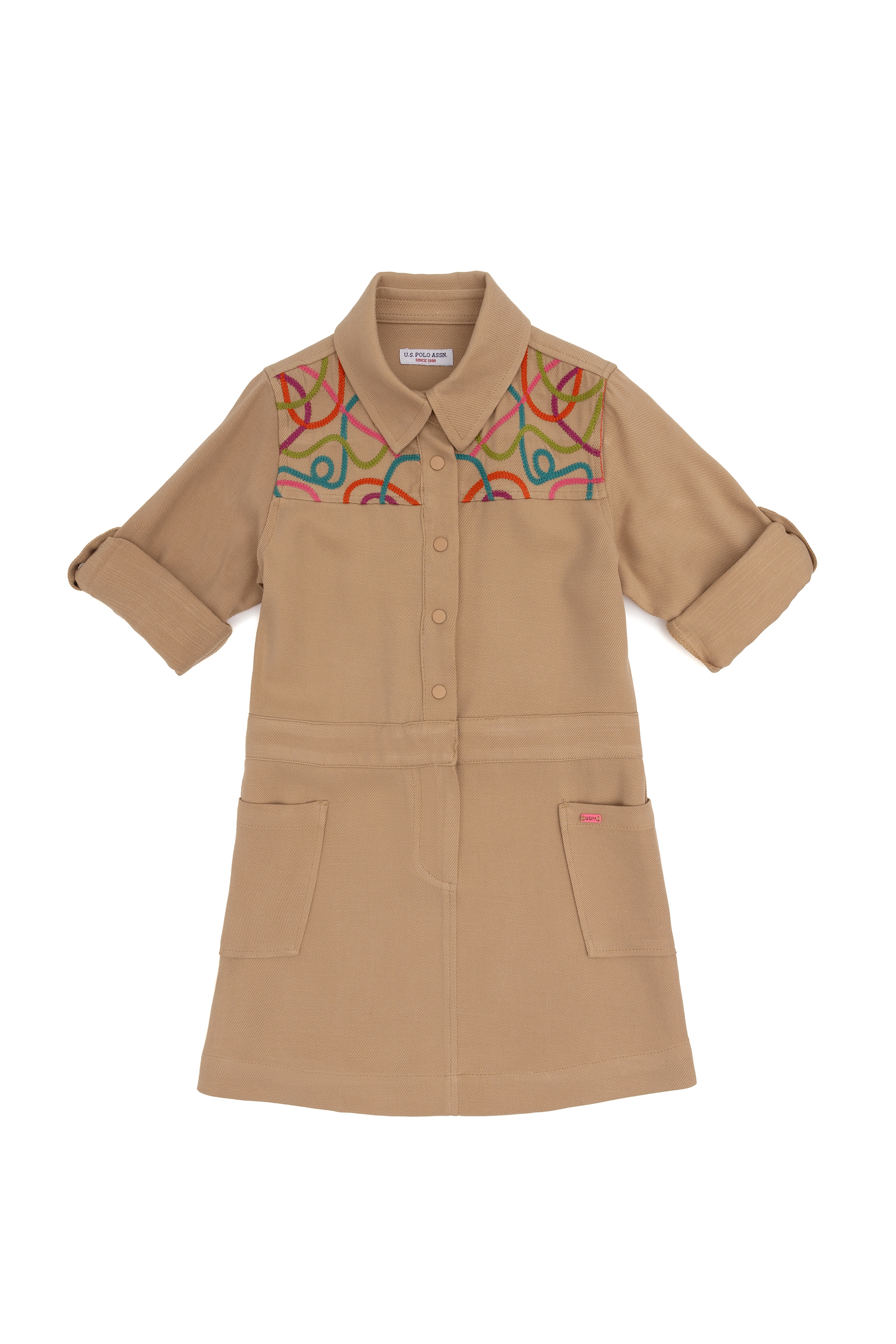 Kız Çocuk Camel Cep Detaylı İşlemeli Dokuma Elbise - Image 4