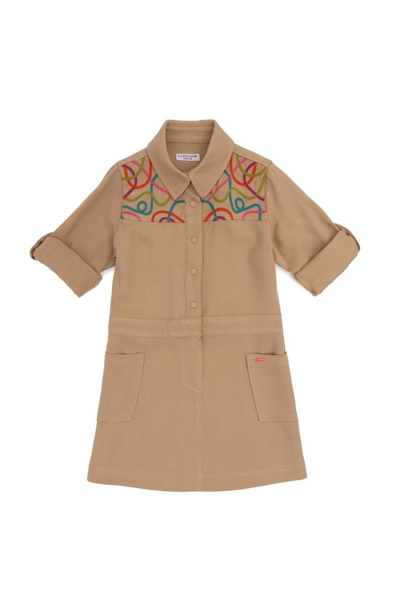 Kız Çocuk Camel Cep Detaylı İşlemeli Dokuma Elbise - 50271202013