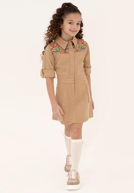 Kız Çocuk Camel Cep Detaylı İşlemeli Dokuma Elbise - 50271202013