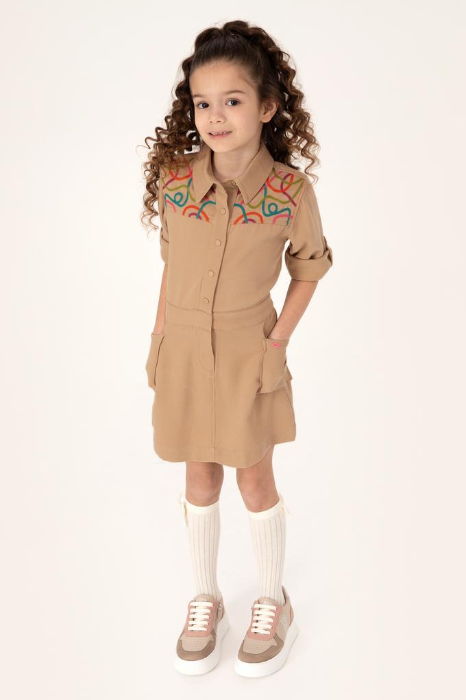 Kız Çocuk Camel Cep Detaylı İşlemeli Dokuma Elbise