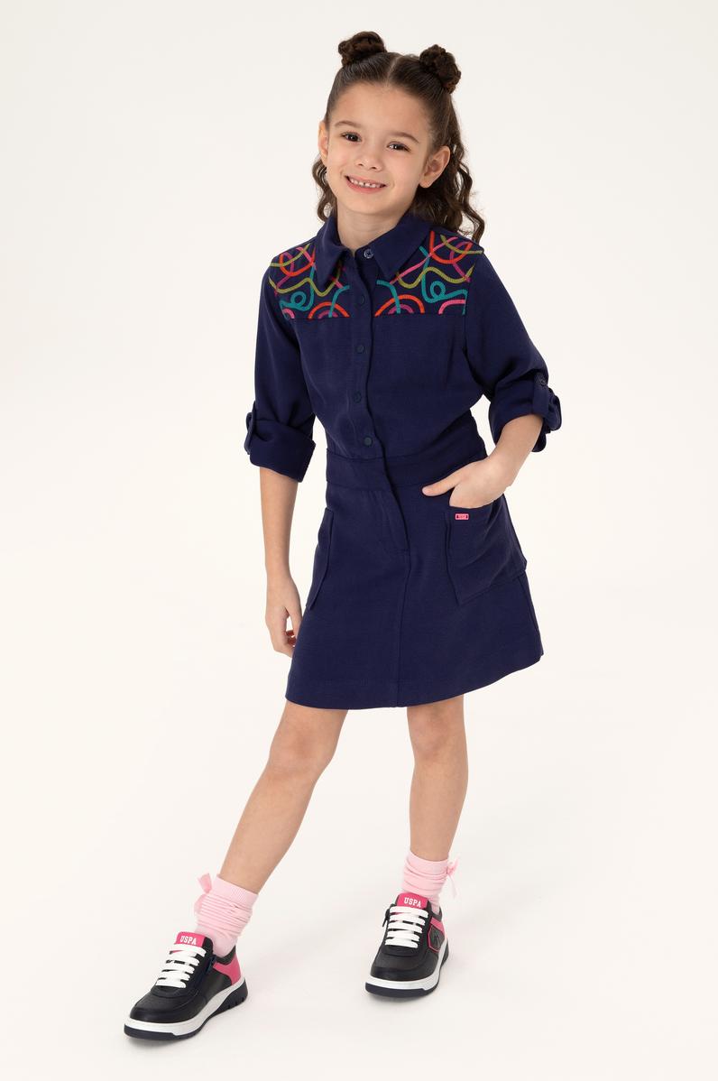 Kız Çocuk Lacivert Cep Detaylı İşlemeli Dokuma Elbise