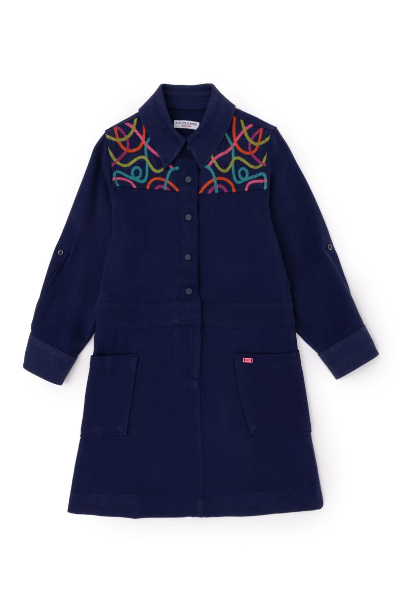 Kız Çocuk Lacivert Cep Detaylı İşlemeli Dokuma Elbise - 50271202001