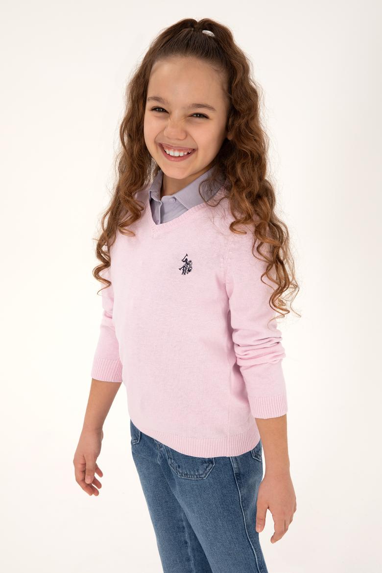 Kız Çocuk Pembe V Yaka Basic Kazak