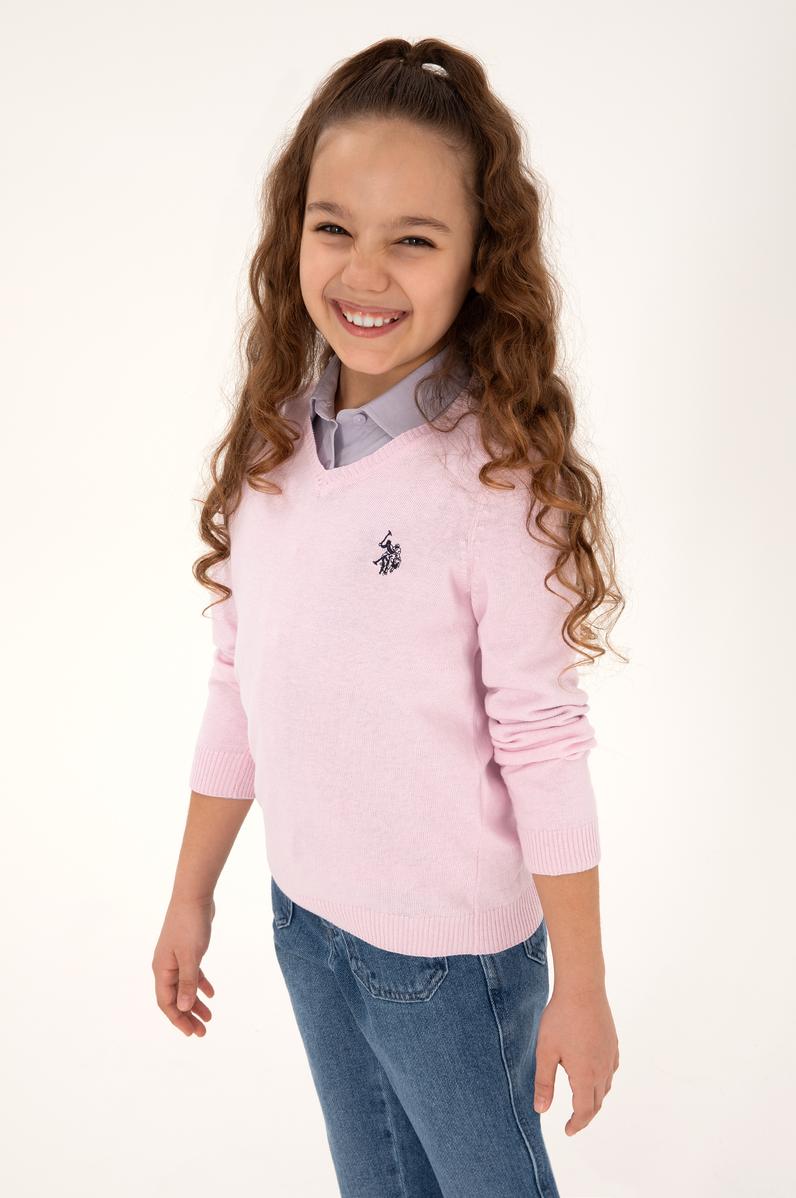 Kız Çocuk Pembe V Yaka Basic Kazak