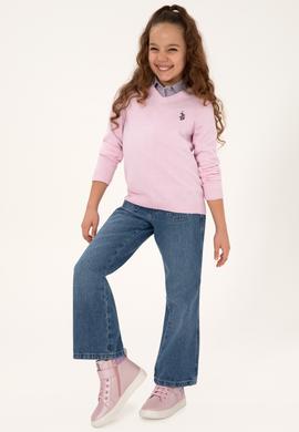 Kız Çocuk Pembe V Yaka Basic Kazak - 50294198036