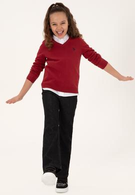 Kız Çocuk Vişne V Yaka Basic Kazak - 50294198080