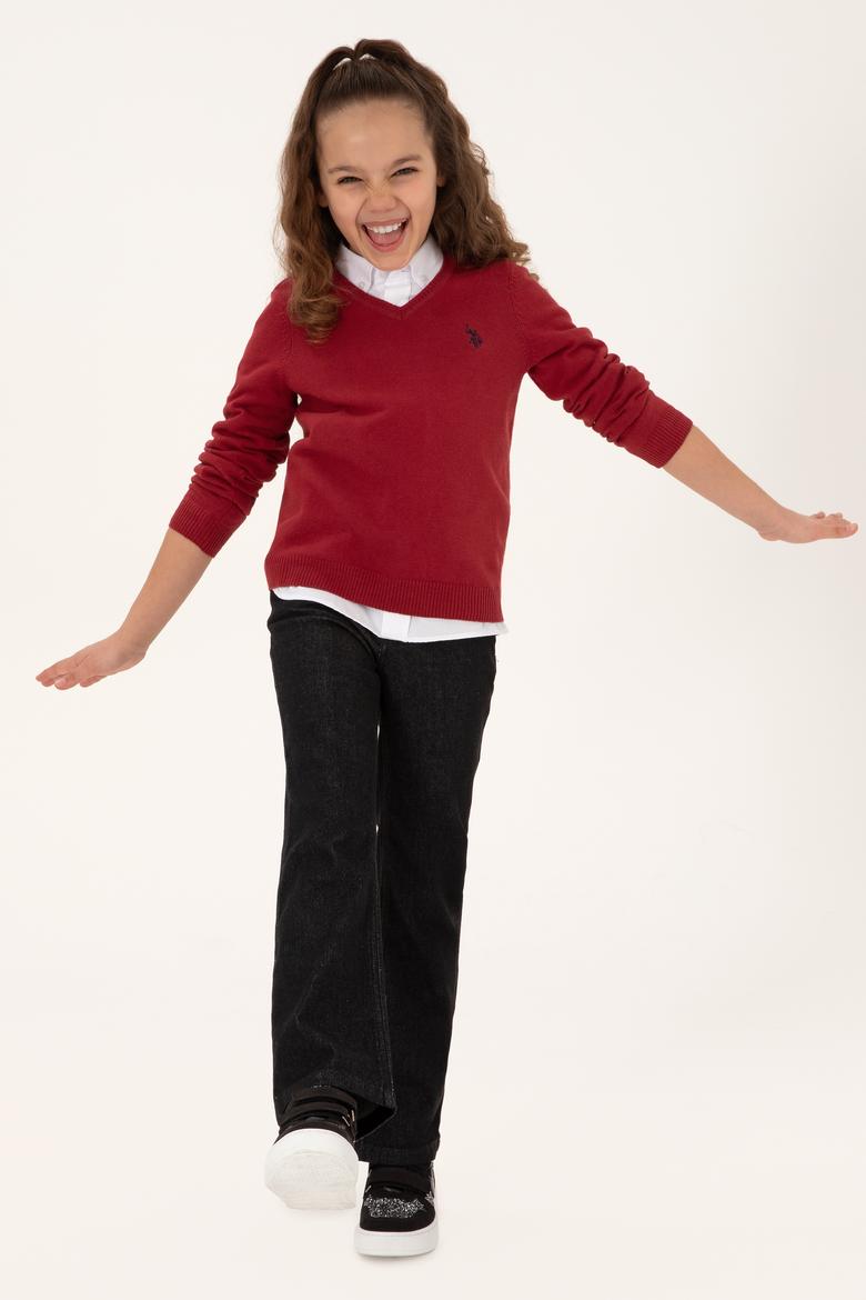 Kız Çocuk Vişne V Yaka Basic Kazak - 50294198080