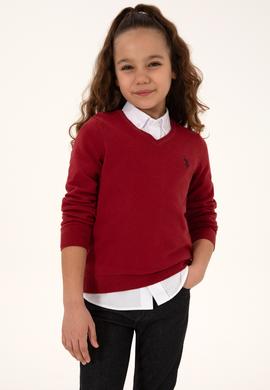 Kız Çocuk Vişne V Yaka Basic Kazak - 50294198080