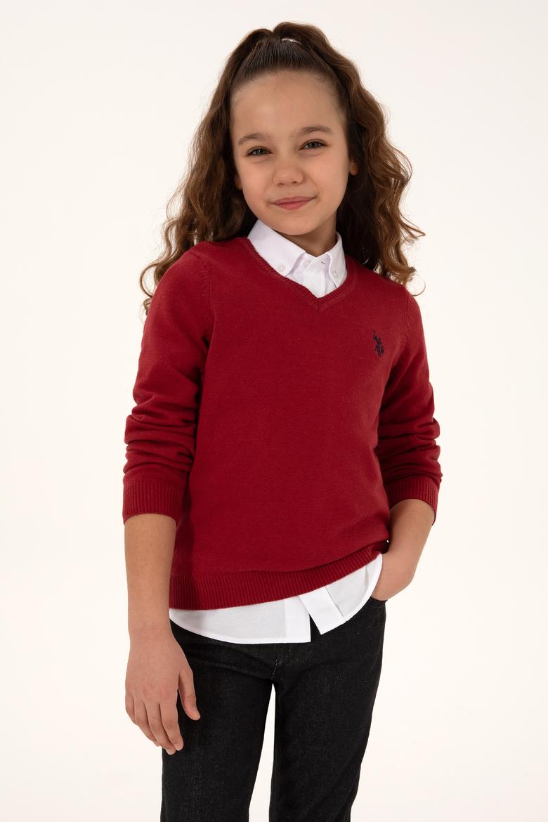 Kız Çocuk Vişne V Yaka Basic Kazak