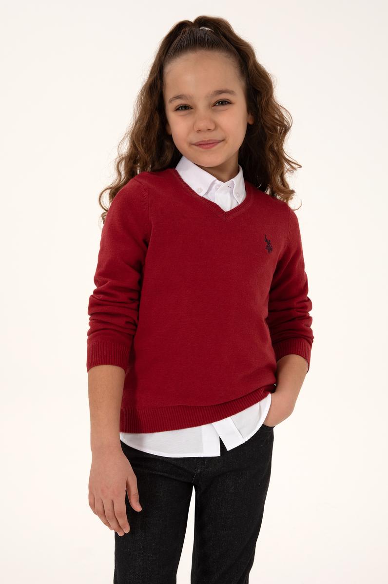 Kız Çocuk Vişne V Yaka Basic Kazak