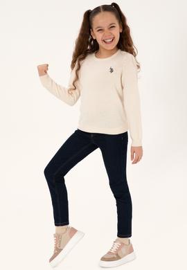 Kız Çocuk Krem Bisiklet Yaka Basic Kazak - 50293586182