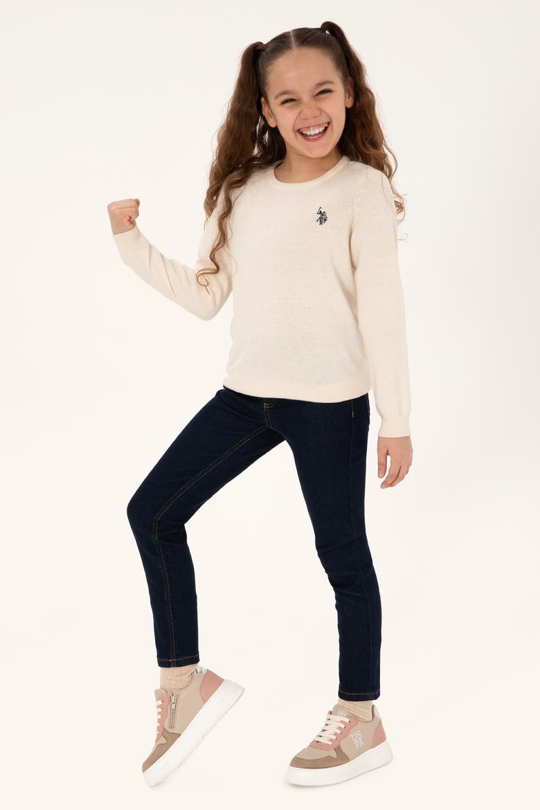 Kız Çocuk Krem Bisiklet Yaka Basic Kazak - 50293586182