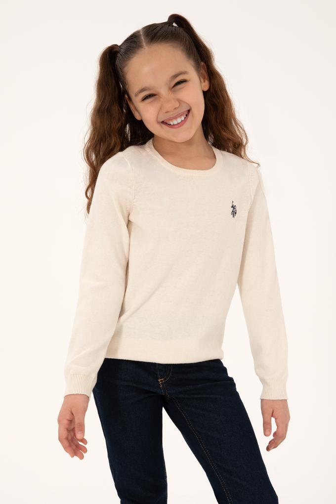 Kız Çocuk Krem Bisiklet Yaka Basic Kazak