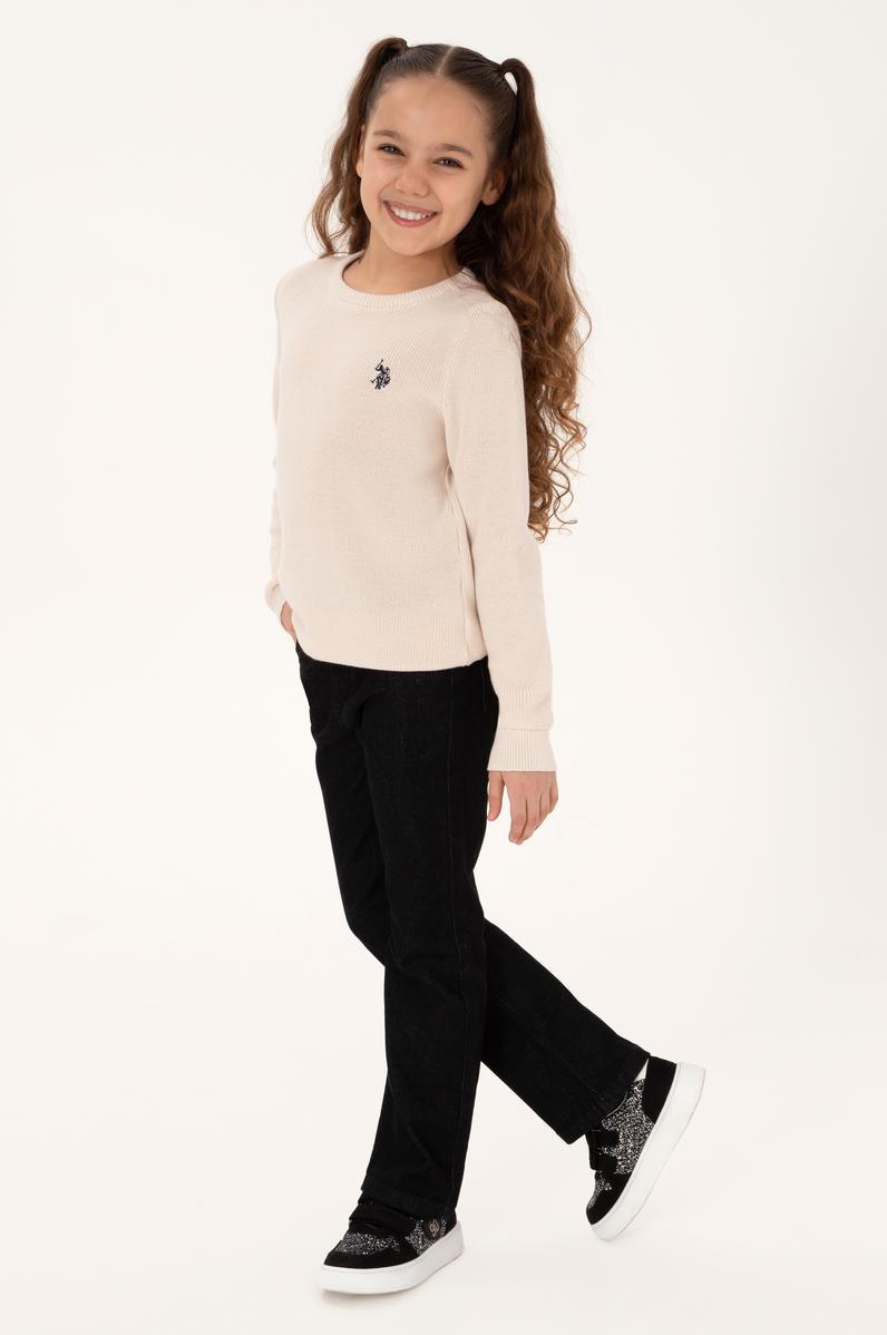 Kız Çocuk Krem Bisiklet Yaka Basic Kazak