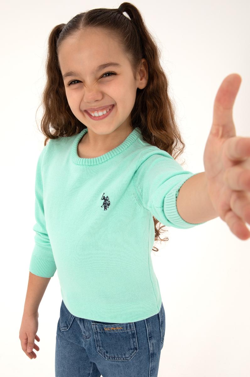 Kız Çocuk Yeşil Bisiklet Yaka Basic Kazak