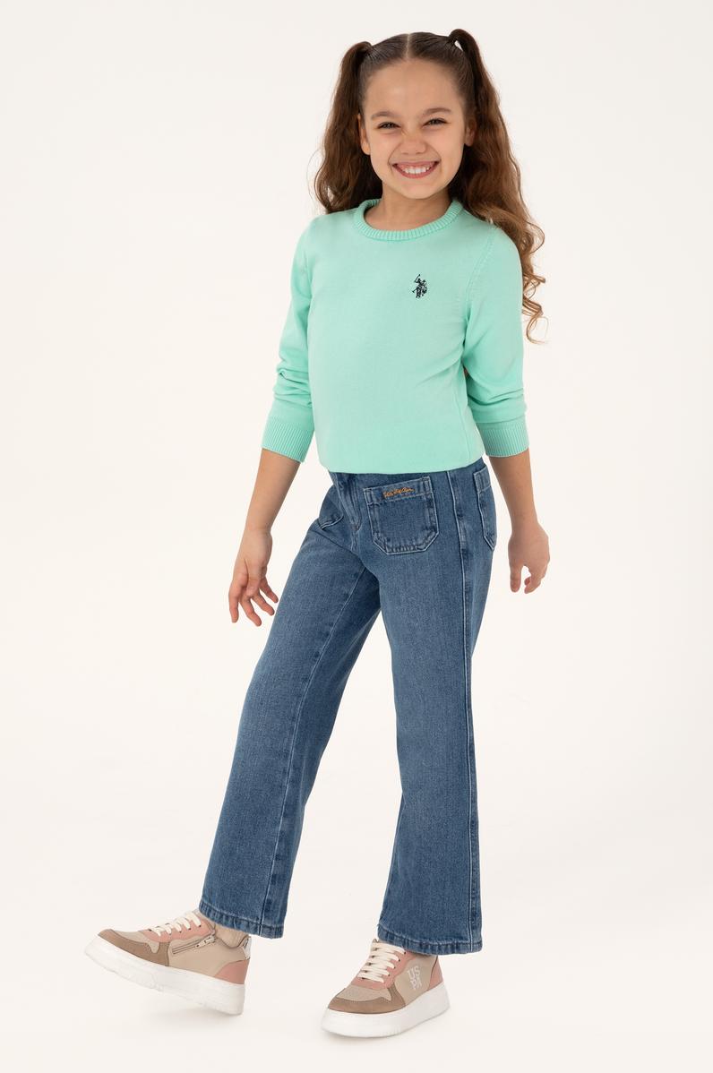 Kız Çocuk Yeşil Bisiklet Yaka Basic Kazak