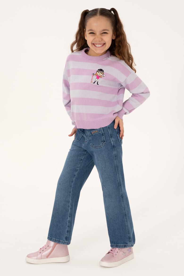 Kız Çocuk Lila Çizgili Bisiklet Yaka Kazak - 50316302002