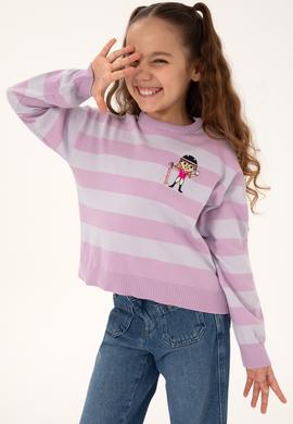 Kız Çocuk Lila Çizgili Bisiklet Yaka Kazak - 50316302002