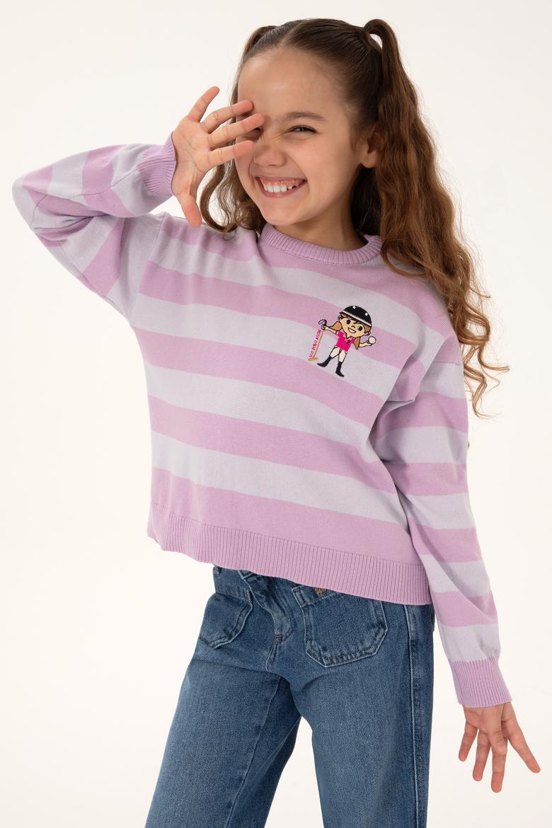 Kız Çocuk Lila Çizgili Bisiklet Yaka Kazak