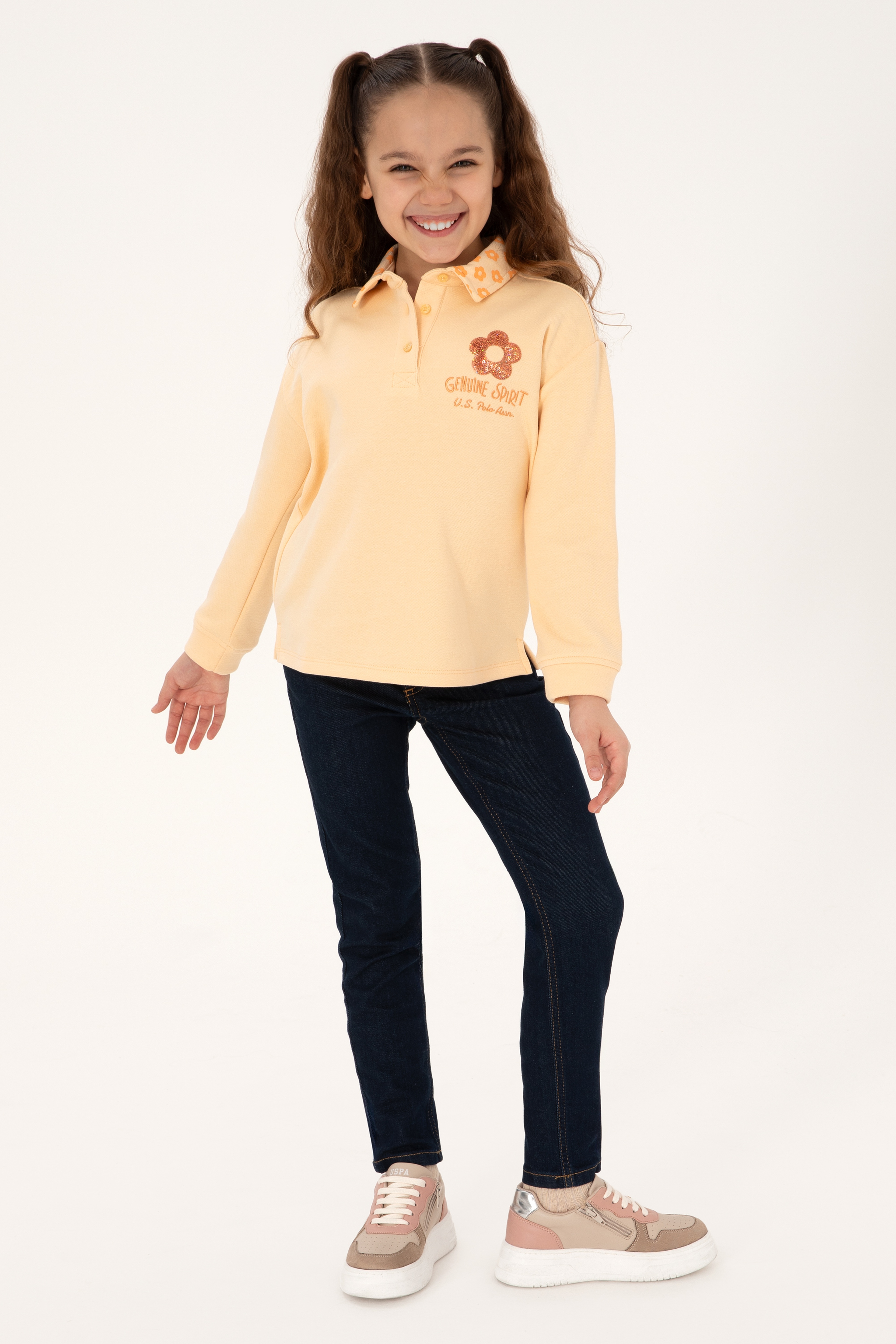 Kız Çocuk Pembe Polo Yaka Sweatshirt - Image 2