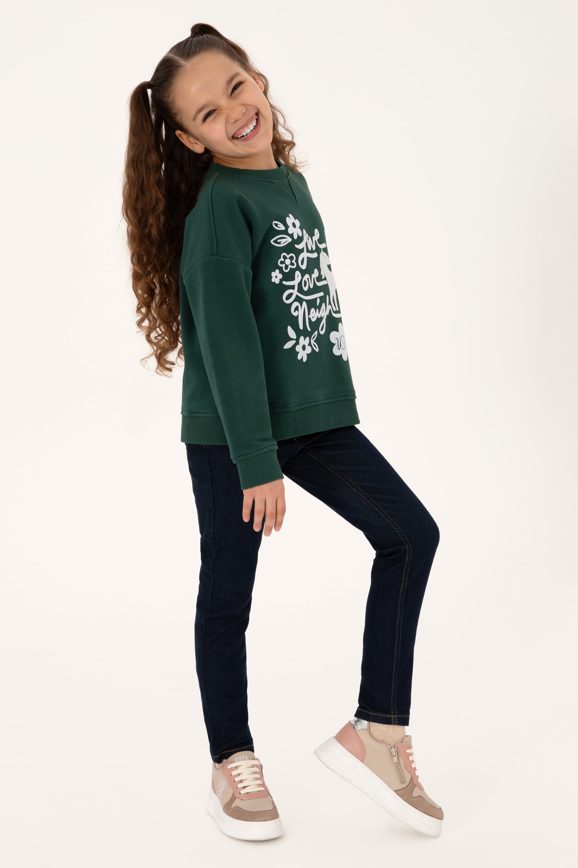 Kız Çocuk Koyu Yeşil Bisiklet Yaka Sweatshirt - Image 2