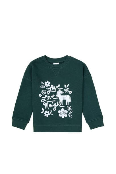 Kız Çocuk Koyu Yeşil Bisiklet Yaka Sweatshirt