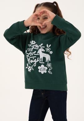 Kız Çocuk Koyu Yeşil Bisiklet Yaka Sweatshirt - 50317922007