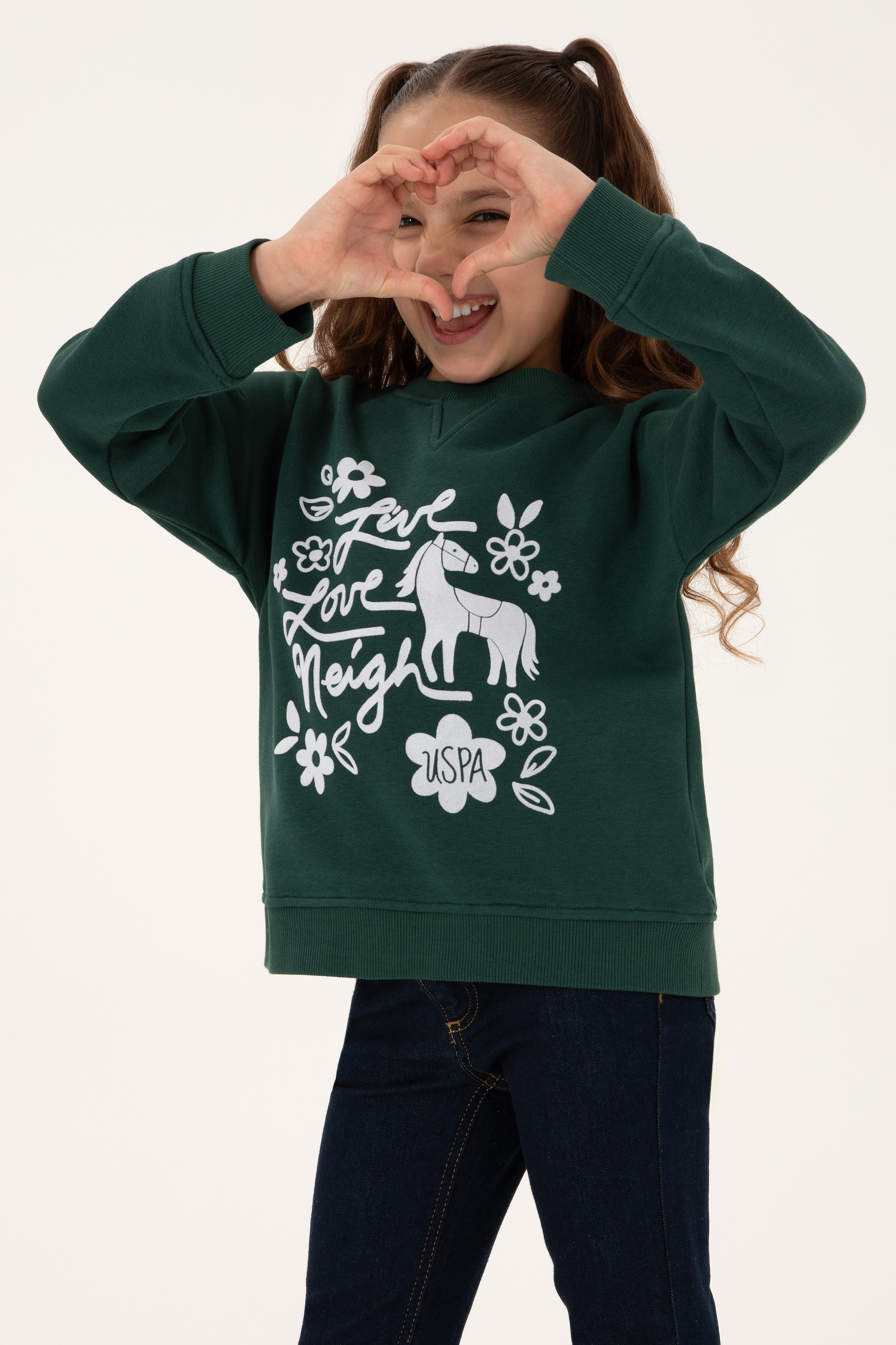 Kız Çocuk Koyu Yeşil Bisiklet Yaka Sweatshirt