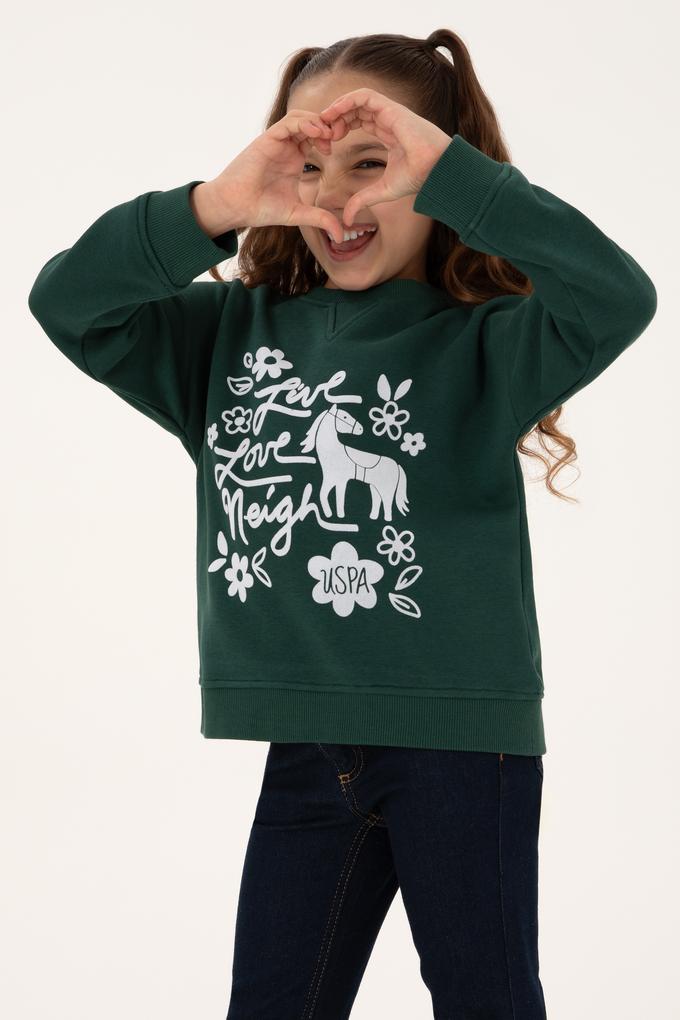 Kız Çocuk Koyu Yeşil Bisiklet Yaka Sweatshirt