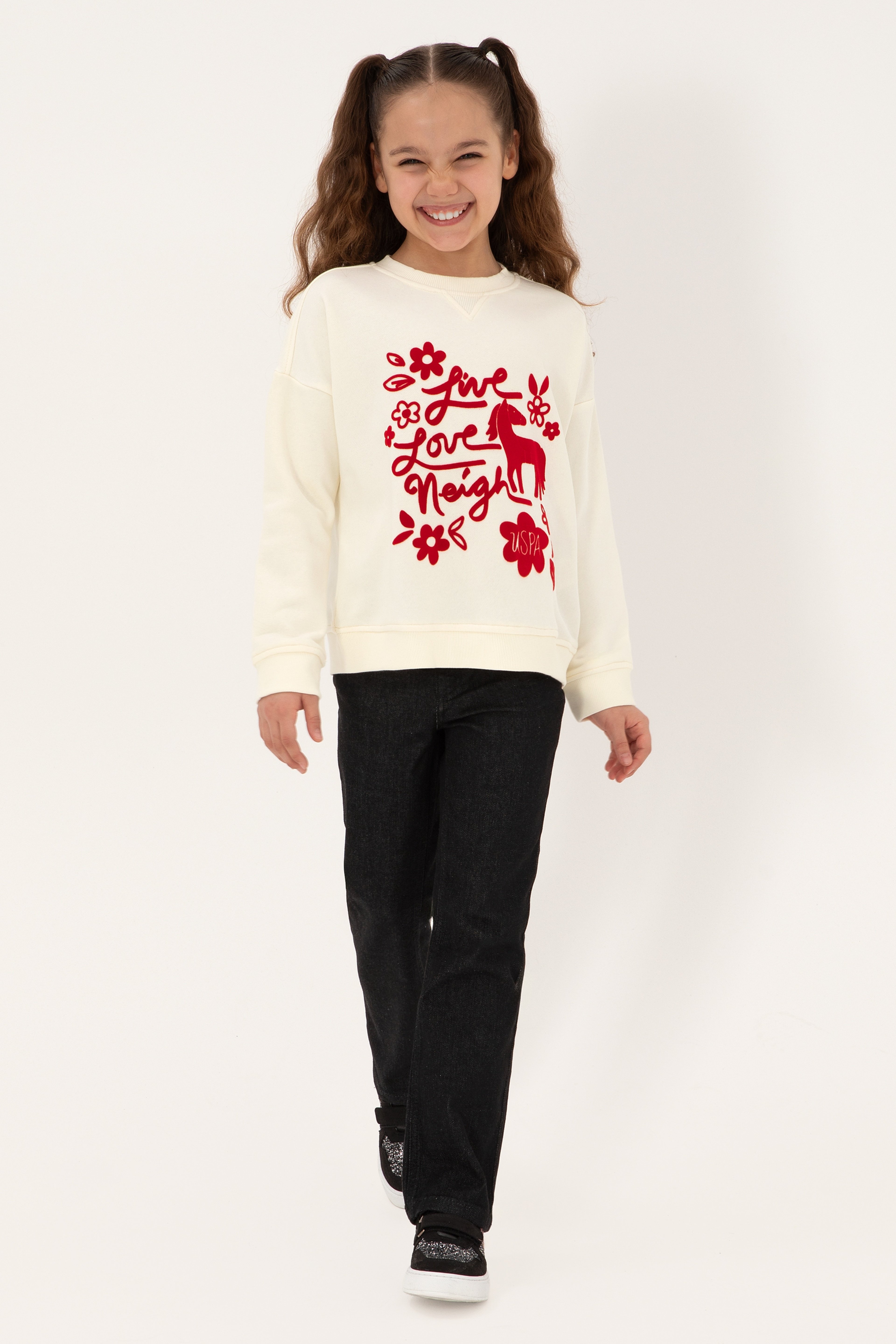 Kız Çocuk Krem Bisiklet Yaka Sweatshirt - Image 2