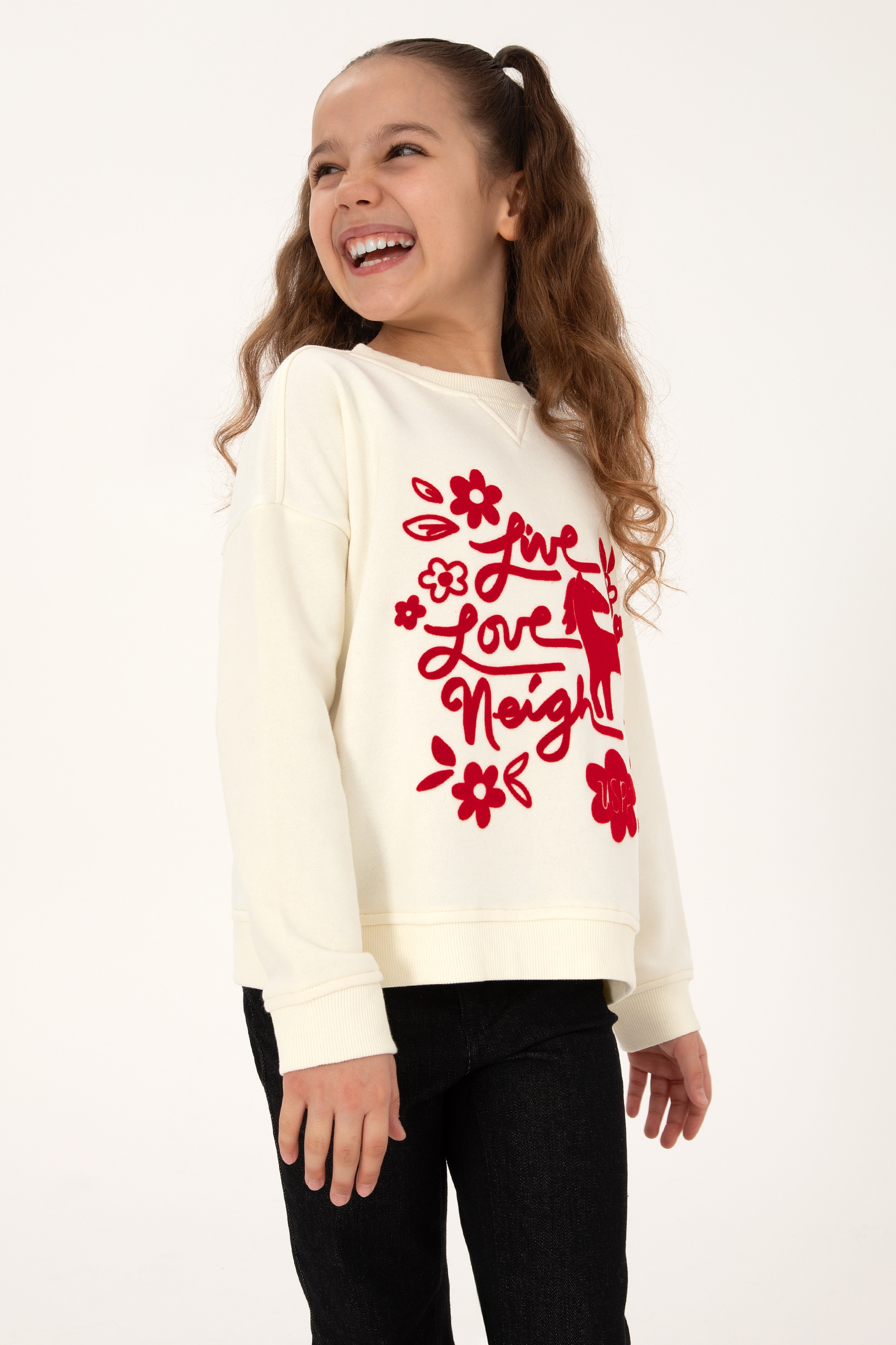Kız Çocuk Krem Bisiklet Yaka Sweatshirt - Image 1