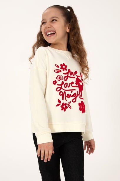 Kız Çocuk Krem Bisiklet Yaka Sweatshirt