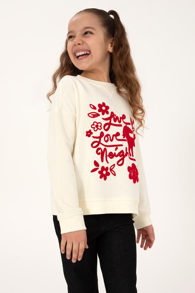 Kız Çocuk Krem Bisiklet Yaka Sweatshirt