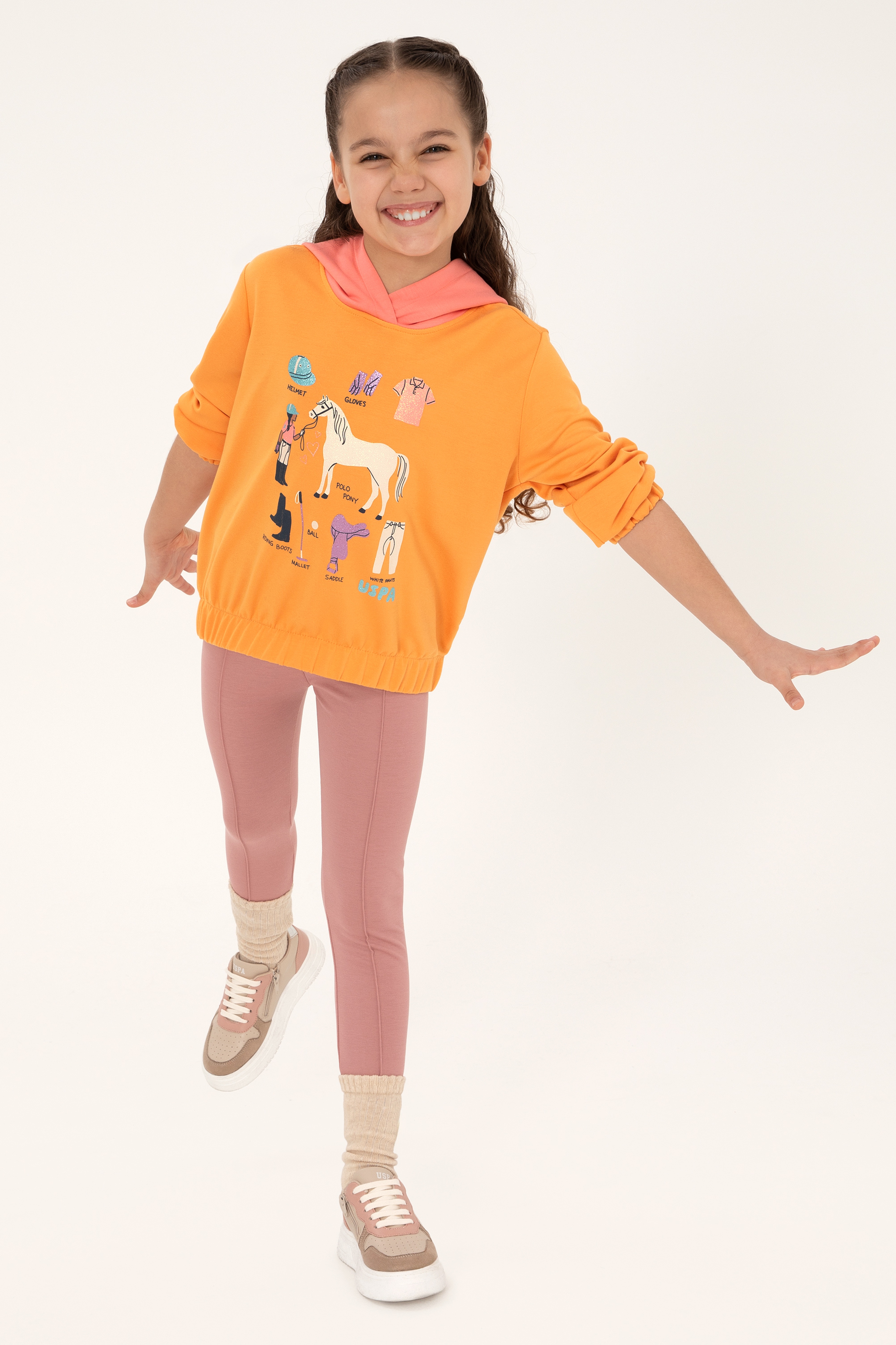 Kız Çocuk Turuncu Kapüşonlu Sweatshirt - Image 2