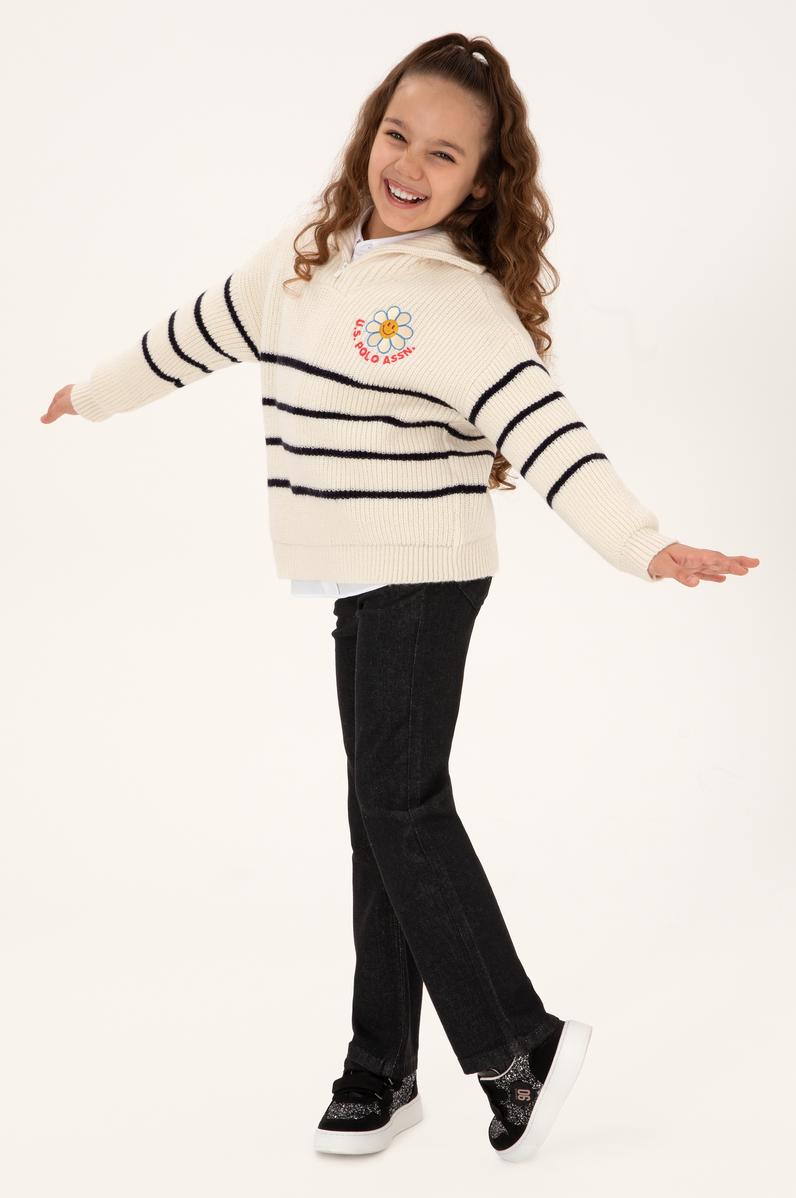 Kız Çocuk Krem Polo Yaka Yarım Fermuarlı Kazak