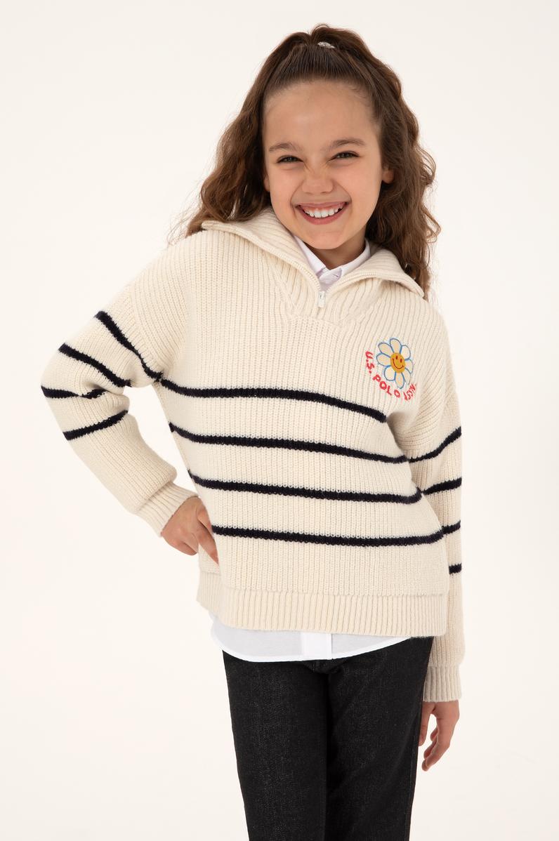 Kız Çocuk Krem Polo Yaka Yarım Fermuarlı Kazak