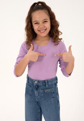 Kız Çocuk Lila Bisiklet Yaka Basic Tişört - 50317923039