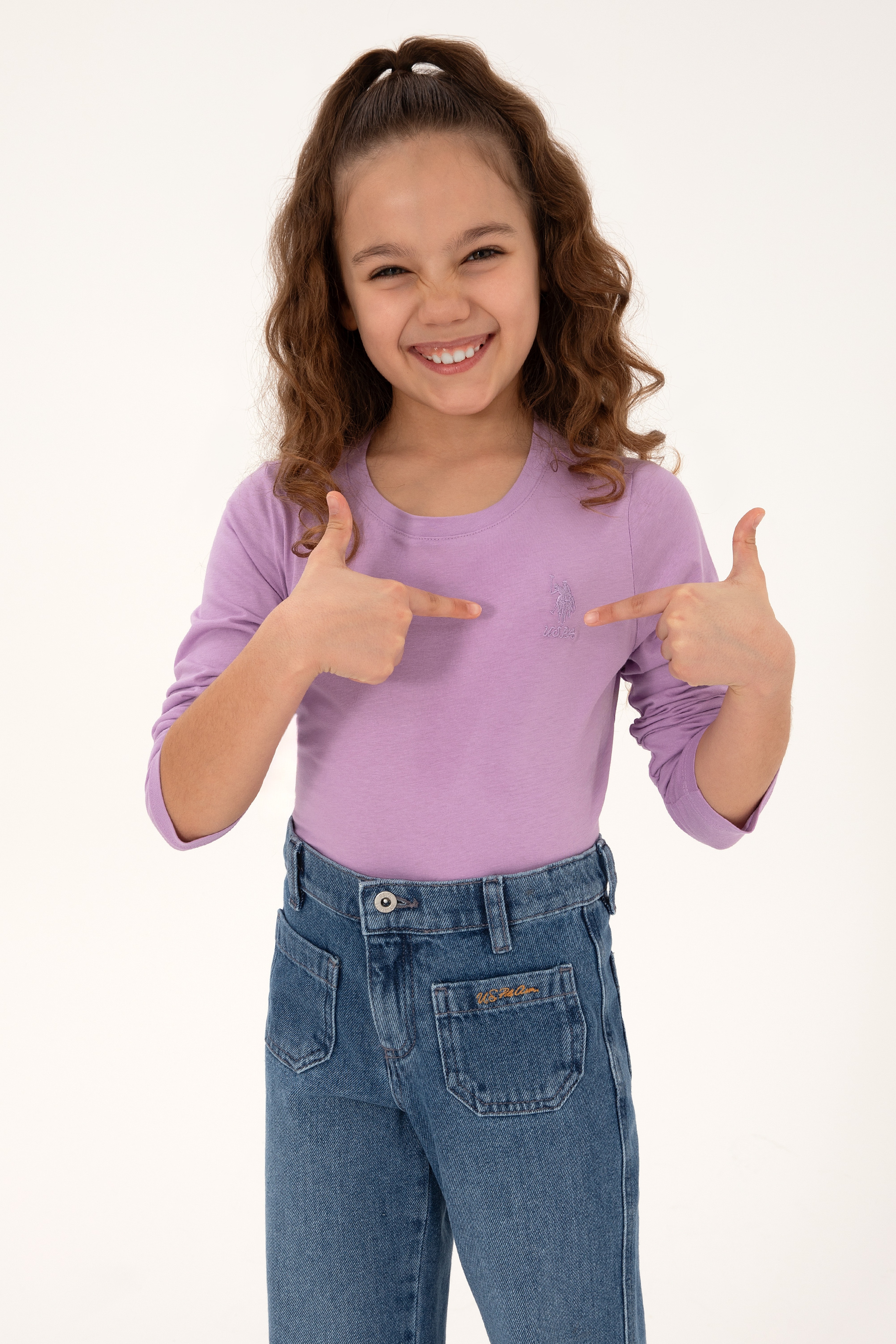 Kız Çocuk Lila Bisiklet Yaka Basic Sweatshirt - Image 1