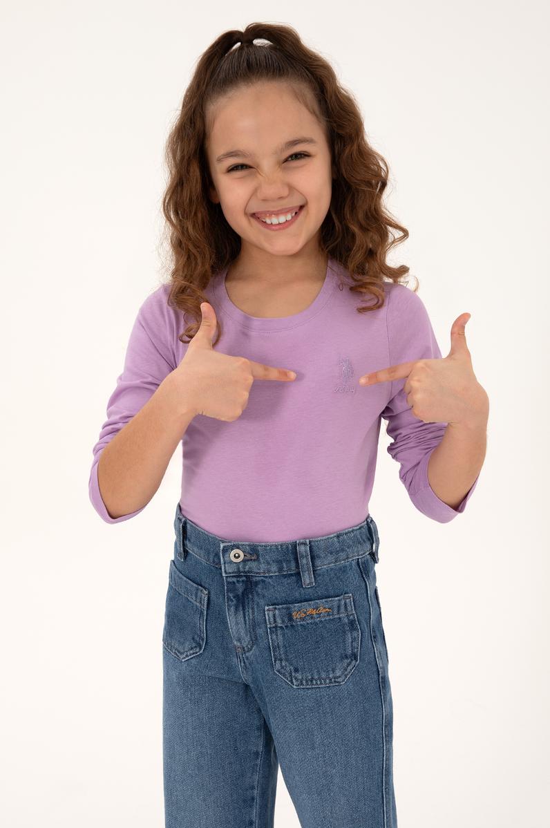 Kız Çocuk Lila Bisiklet Yaka Basic Tişört